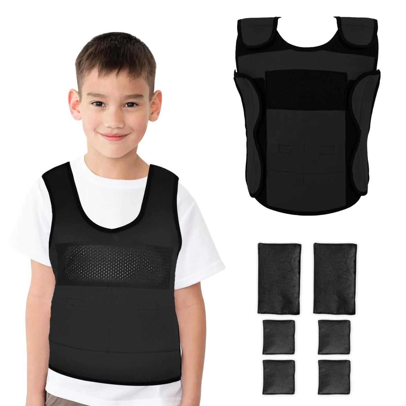 Vest for Kids (Medium Ages 8+) Compression Vest for Kids Including 6 Removable Weights Black